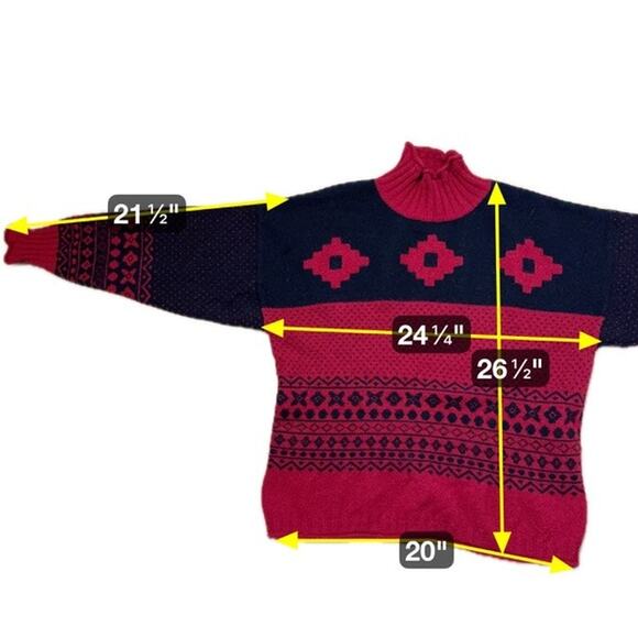 Esprit Vintage 100% Wool Turtleneck Sweater Red Black Aztec Fair Isle Knit L - Picture 6 of 6